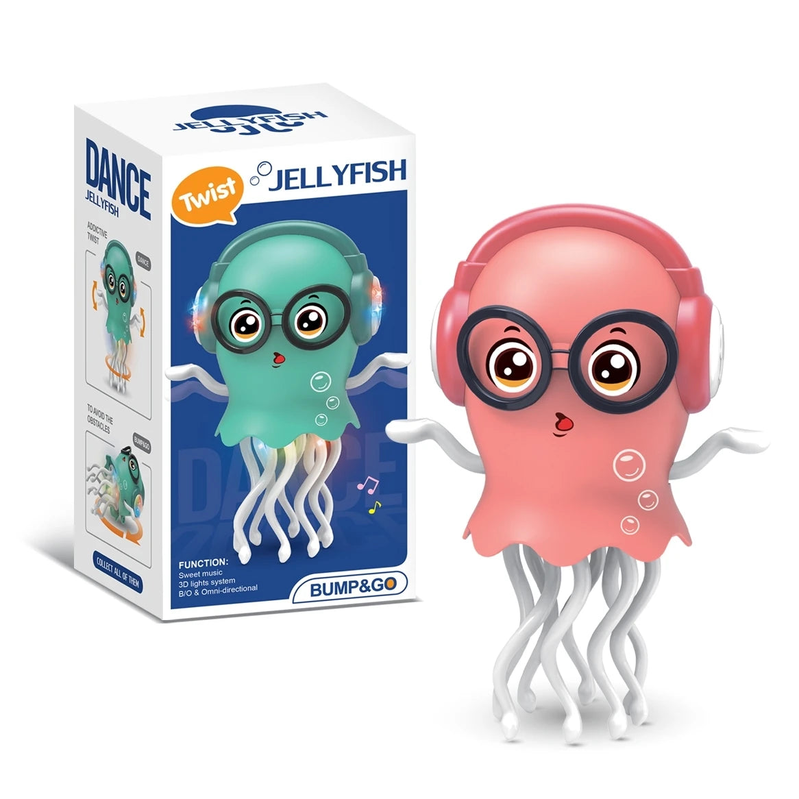 An electrically-powered crawling dancing jellyfish toy, an octopus with automatic obstacle sensor, intelligent LED lights and mu