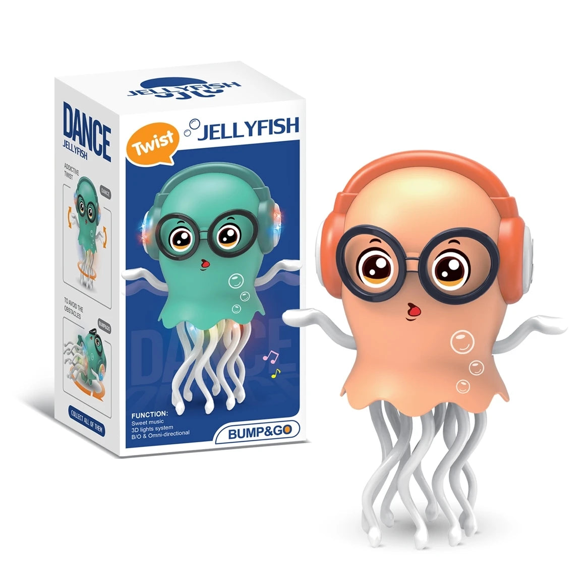 An electrically-powered crawling dancing jellyfish toy, an octopus with automatic obstacle sensor, intelligent LED lights and mu