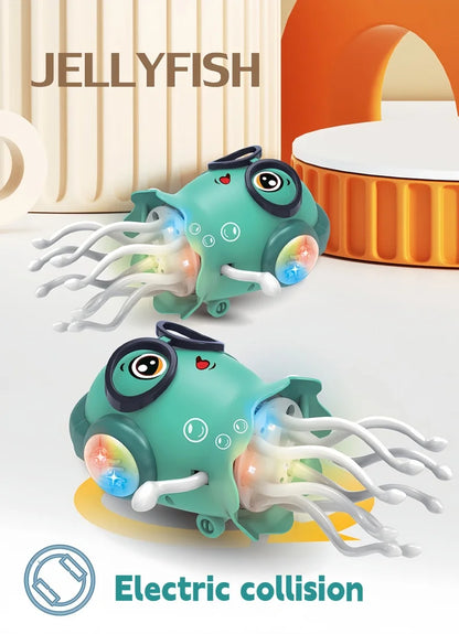 An electrically-powered crawling dancing jellyfish toy, an octopus with automatic obstacle sensor, intelligent LED lights and mu