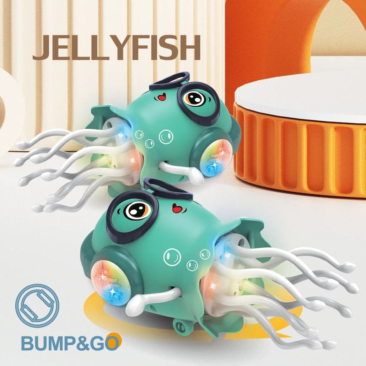 An electrically-powered crawling dancing jellyfish toy, an octopus with automatic obstacle sensor, intelligent LED lights and mu